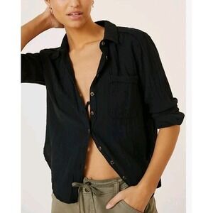 Pilcro Anthropologie Black Gauze Buttondown Top Round Hem Shirt Size Small‎